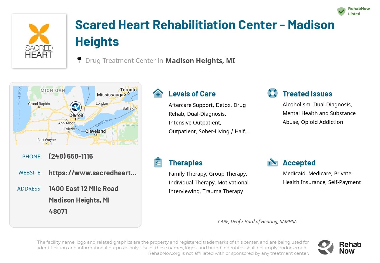 Helpful reference information for Scared Heart Rehabilitiation Center - Madison Heights, a drug treatment center in Michigan located at: 1400 East 12 Mile Road, Madison Heights, MI, 48071, including phone numbers, official website, and more. Listed briefly is an overview of Levels of Care, Therapies Offered, Issues Treated, and accepted forms of Payment Methods.