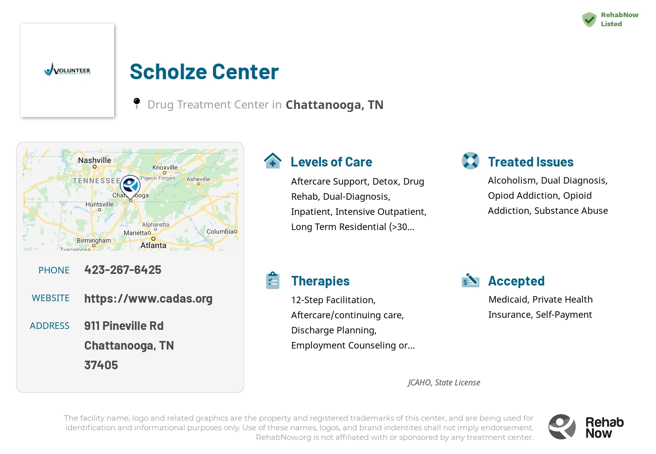 Helpful reference information for Scholze Center, a drug treatment center in Tennessee located at: 911 Pineville Rd, Chattanooga, TN 37405, including phone numbers, official website, and more. Listed briefly is an overview of Levels of Care, Therapies Offered, Issues Treated, and accepted forms of Payment Methods.