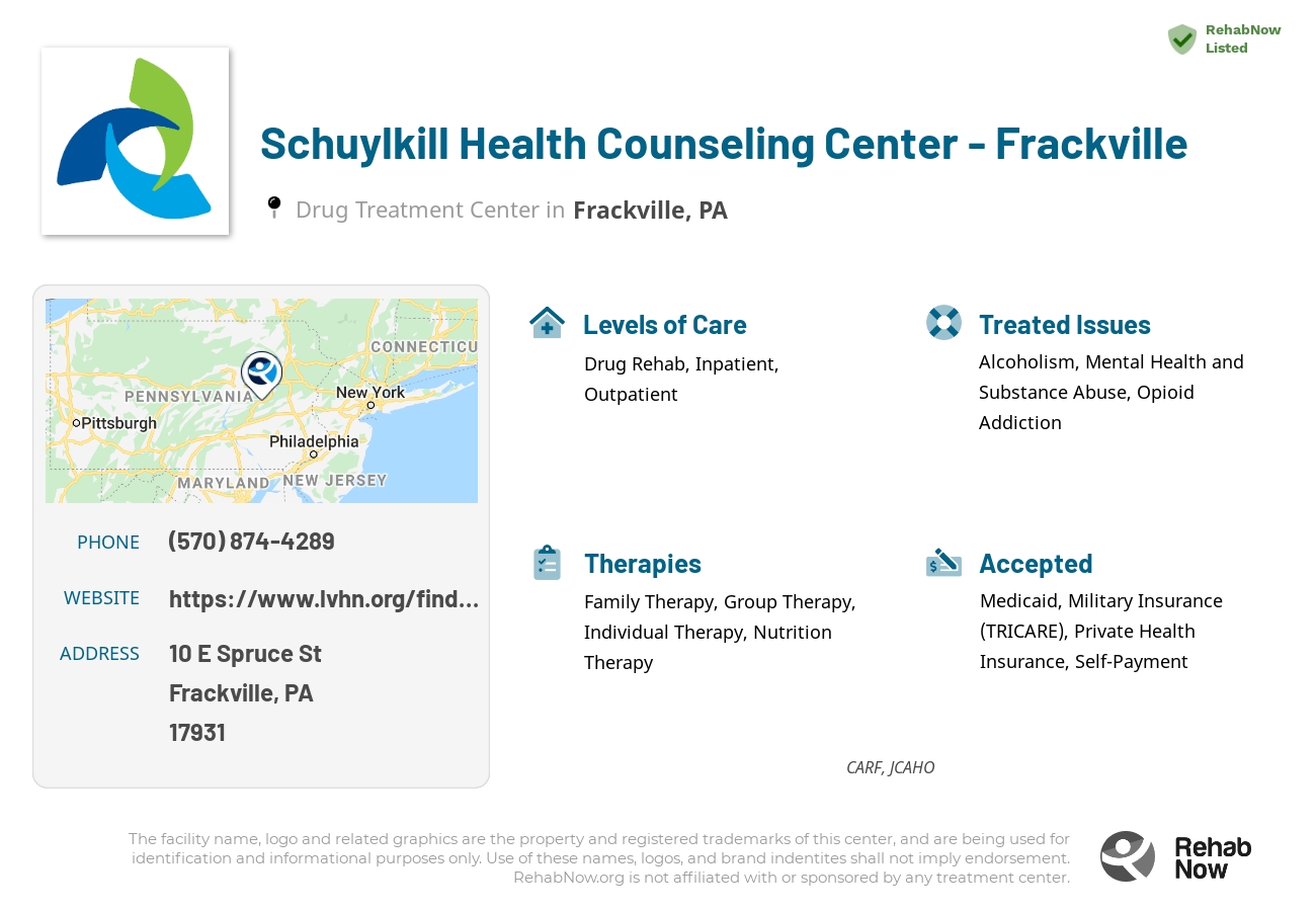 Helpful reference information for Schuylkill Health Counseling Center - Frackville, a drug treatment center in Pennsylvania located at: 10 E Spruce St, Frackville, PA 17931, including phone numbers, official website, and more. Listed briefly is an overview of Levels of Care, Therapies Offered, Issues Treated, and accepted forms of Payment Methods.