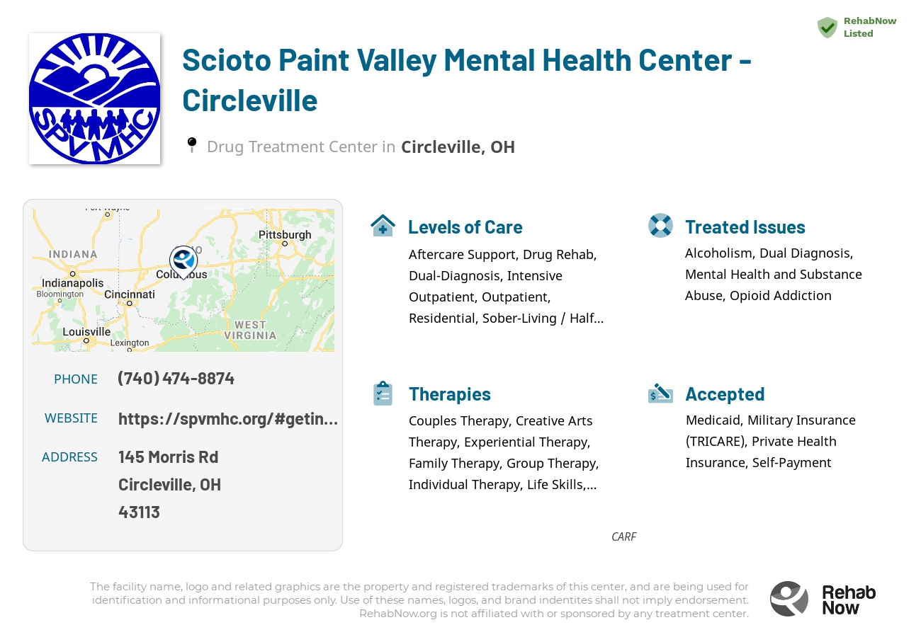 Helpful reference information for Scioto Paint Valley Mental Health Center - Circleville, a drug treatment center in Ohio located at: 145 Morris Rd, Circleville, OH 43113, including phone numbers, official website, and more. Listed briefly is an overview of Levels of Care, Therapies Offered, Issues Treated, and accepted forms of Payment Methods.