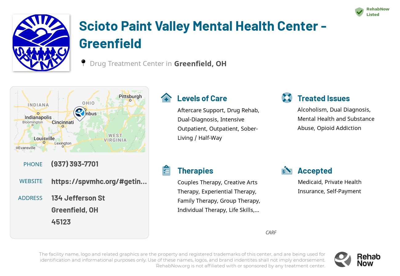 Helpful reference information for Scioto Paint Valley Mental Health Center - Greenfield, a drug treatment center in Ohio located at: 134 Jefferson St, Greenfield, OH 45123, including phone numbers, official website, and more. Listed briefly is an overview of Levels of Care, Therapies Offered, Issues Treated, and accepted forms of Payment Methods.