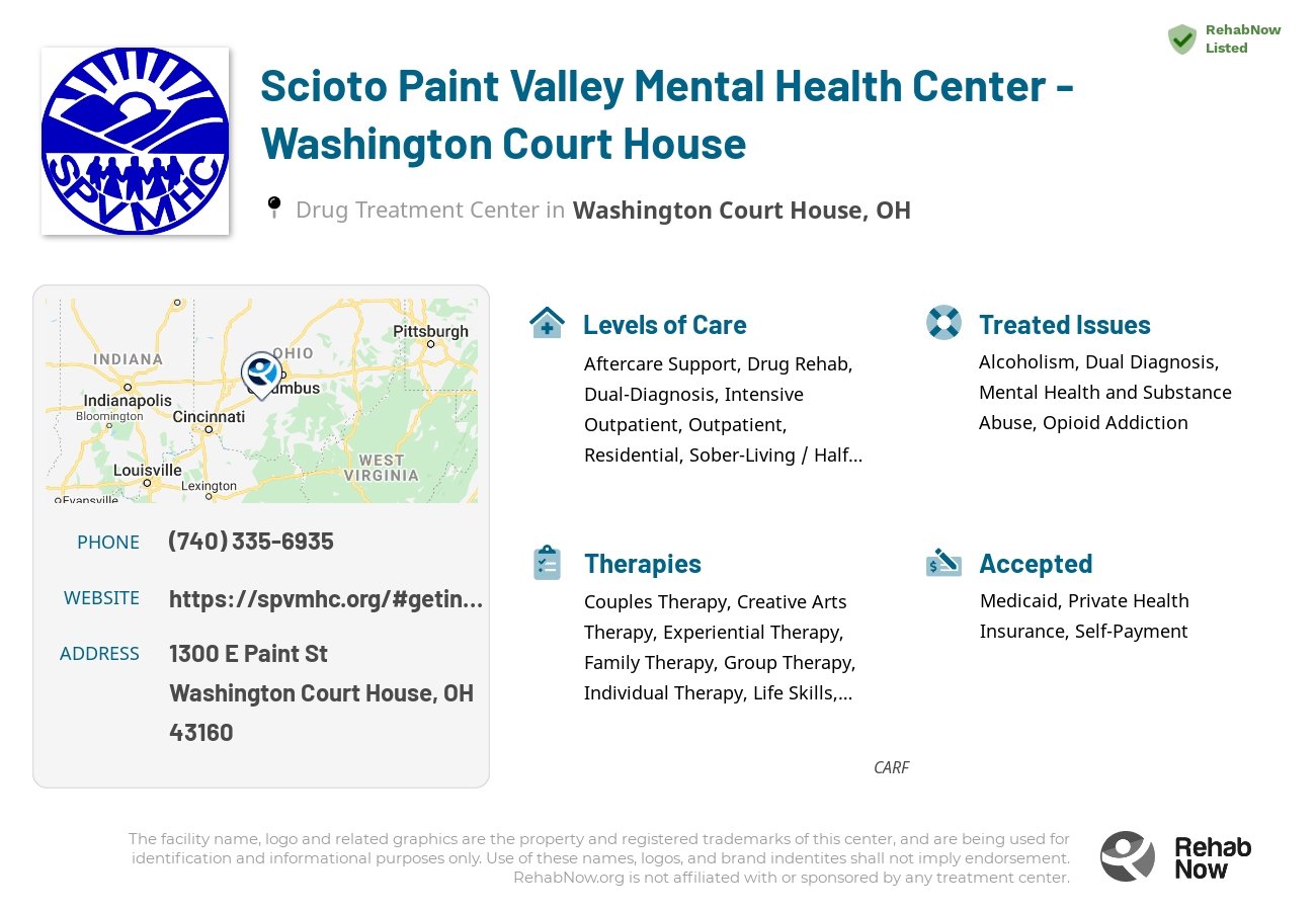Helpful reference information for Scioto Paint Valley Mental Health Center - Washington Court House, a drug treatment center in Ohio located at: 1300 E Paint St, Washington Court House, OH 43160, including phone numbers, official website, and more. Listed briefly is an overview of Levels of Care, Therapies Offered, Issues Treated, and accepted forms of Payment Methods.
