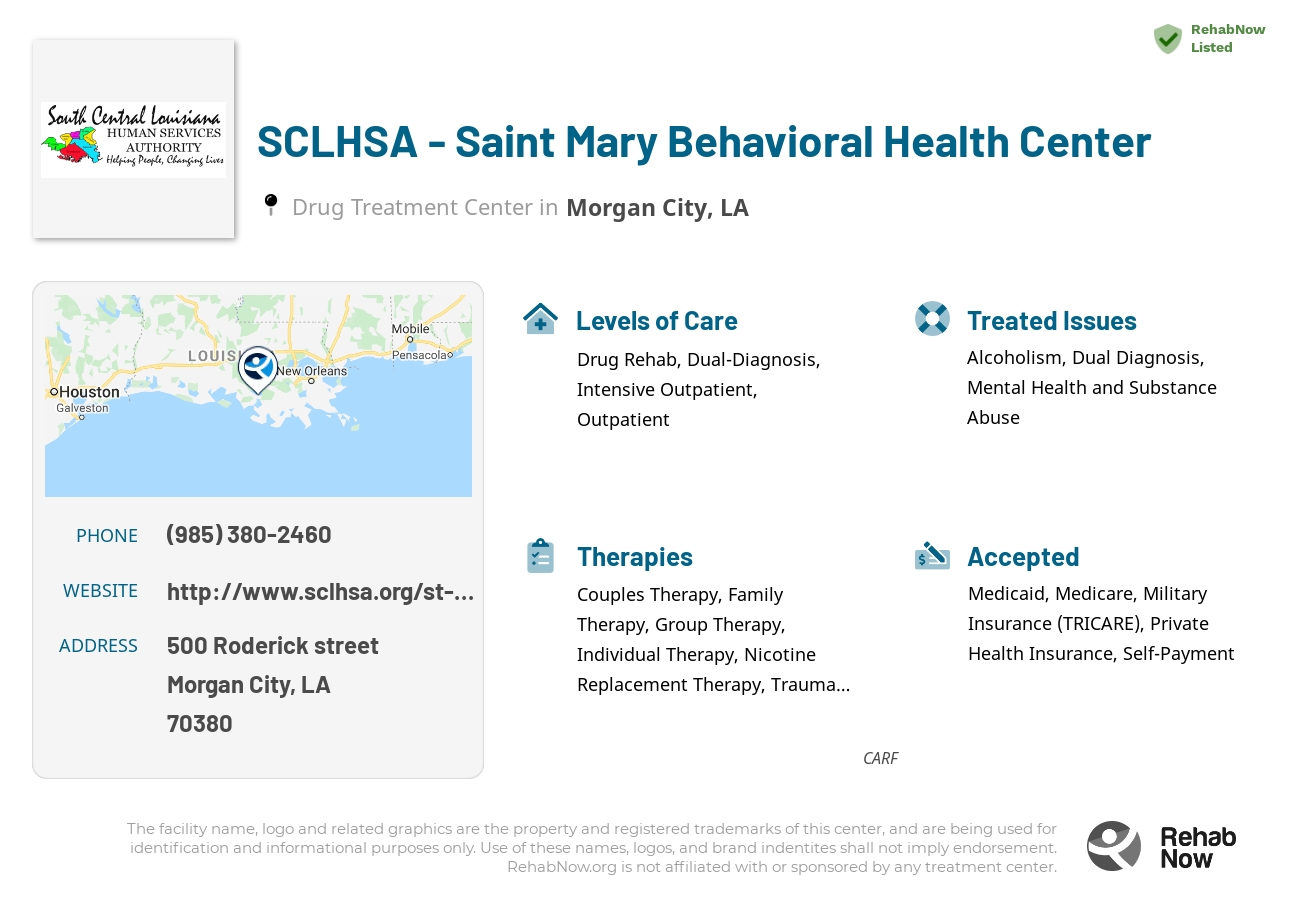 Helpful reference information for SCLHSA - Saint Mary Behavioral Health Center, a drug treatment center in Louisiana located at: 500 Roderick street, Morgan City, LA, 70380, including phone numbers, official website, and more. Listed briefly is an overview of Levels of Care, Therapies Offered, Issues Treated, and accepted forms of Payment Methods.
