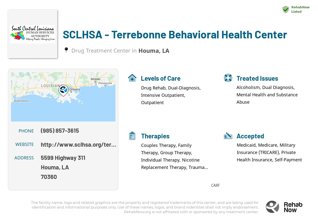 Helpful reference information for SCLHSA - Terrebonne Behavioral Health Center, a drug treatment center in Louisiana located at: 5599 Highway 311, Houma, LA, 70360, including phone numbers, official website, and more. Listed briefly is an overview of Levels of Care, Therapies Offered, Issues Treated, and accepted forms of Payment Methods.