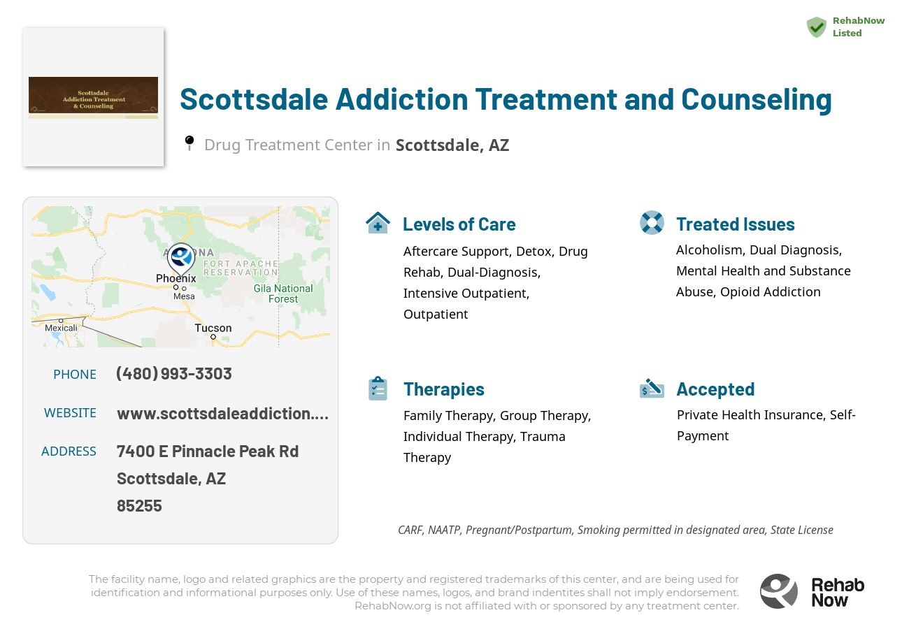 Helpful reference information for Scottsdale Addiction Treatment and Counseling, a drug treatment center in Arizona located at: 7400 E Pinnacle Peak Rd Suite 206, Scottsdale, AZ, 85255, including phone numbers, official website, and more. Listed briefly is an overview of Levels of Care, Therapies Offered, Issues Treated, and accepted forms of Payment Methods.