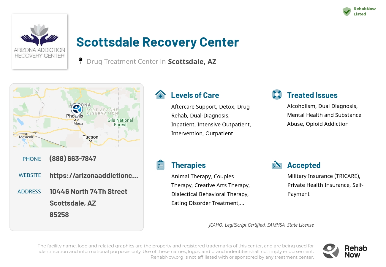 Helpful reference information for Scottsdale Recovery Center, a drug treatment center in Arizona located at: 10446 North 74Th Street, Scottsdale, AZ, 85258, including phone numbers, official website, and more. Listed briefly is an overview of Levels of Care, Therapies Offered, Issues Treated, and accepted forms of Payment Methods.