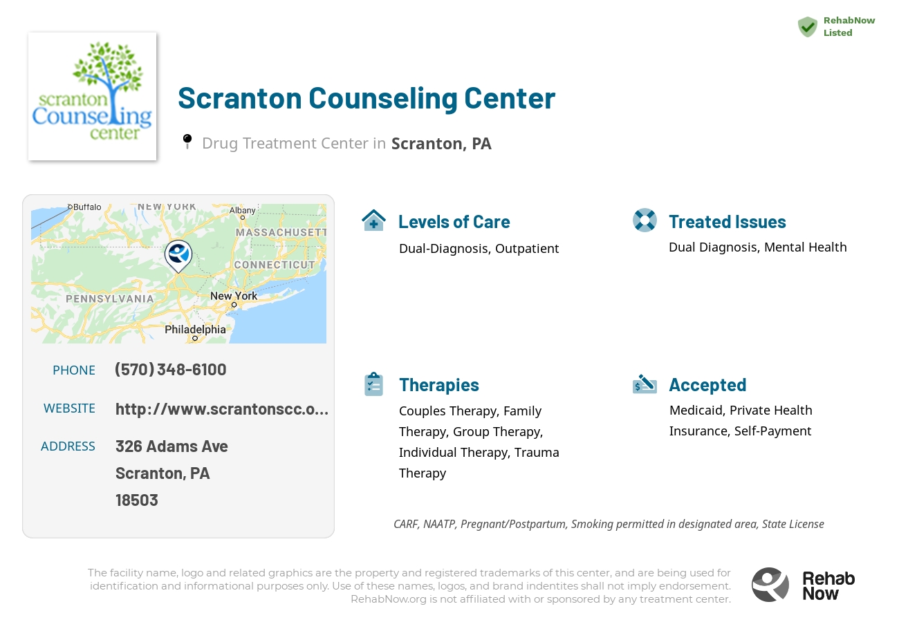 Helpful reference information for Scranton Counseling Center, a drug treatment center in Pennsylvania located at: 326 Adams Ave, Scranton, PA 18503, including phone numbers, official website, and more. Listed briefly is an overview of Levels of Care, Therapies Offered, Issues Treated, and accepted forms of Payment Methods.