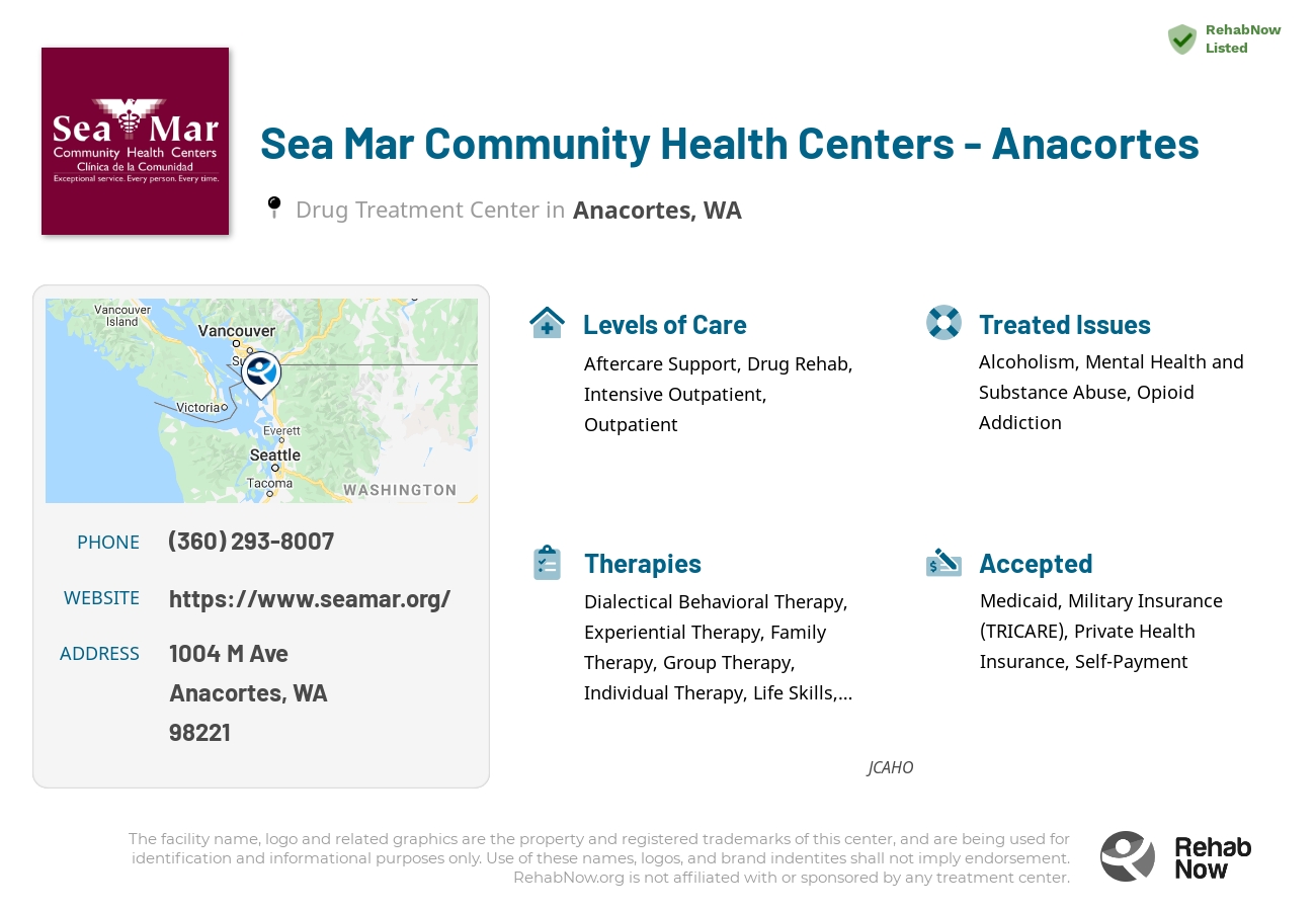 Helpful reference information for Sea Mar Community Health Centers - Anacortes, a drug treatment center in Washington located at: 1004 M Ave, Anacortes, WA 98221, including phone numbers, official website, and more. Listed briefly is an overview of Levels of Care, Therapies Offered, Issues Treated, and accepted forms of Payment Methods.