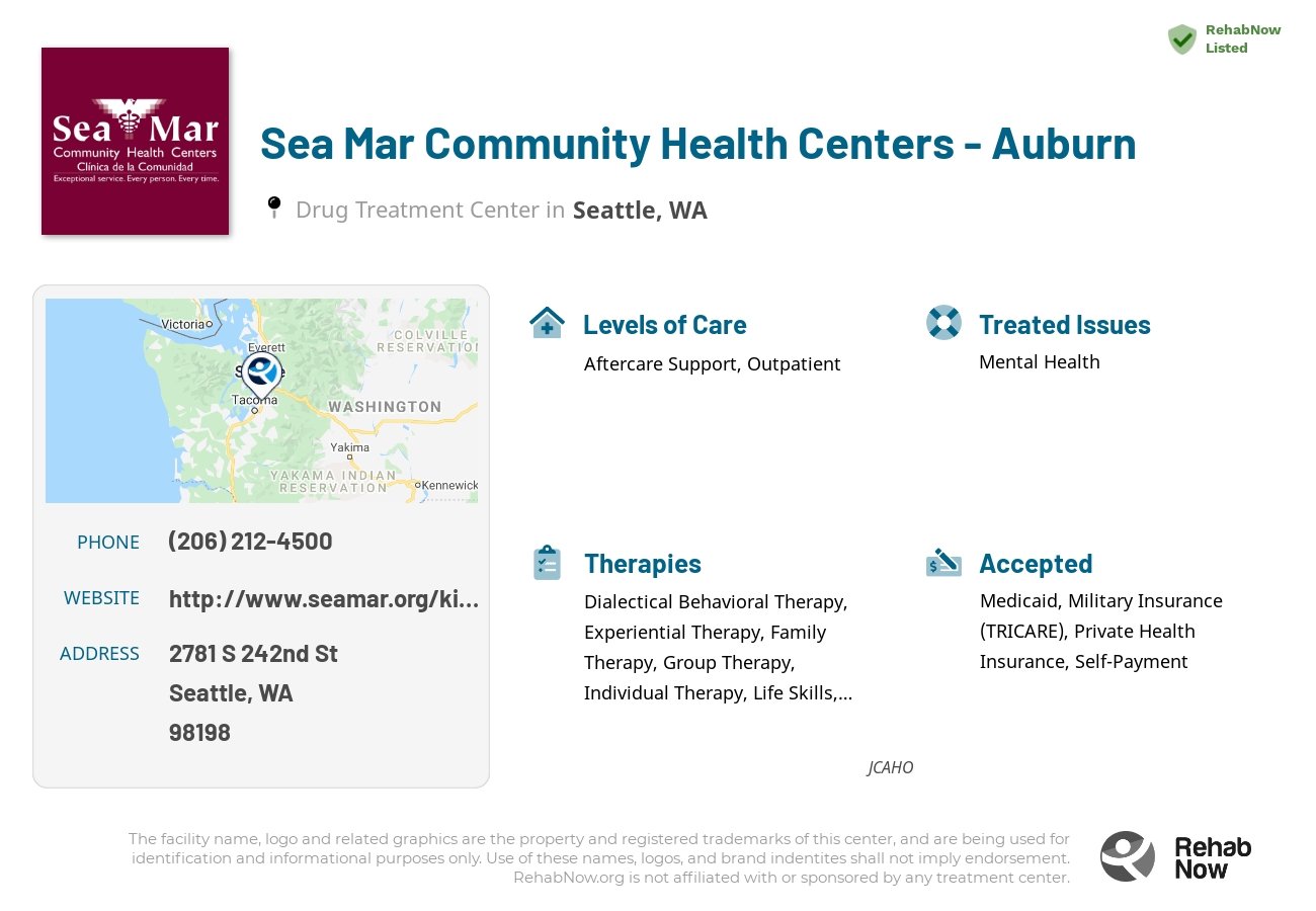 Helpful reference information for Sea Mar Community Health Centers - Auburn, a drug treatment center in Washington located at: 2781 S 242nd St, Seattle, WA 98198, including phone numbers, official website, and more. Listed briefly is an overview of Levels of Care, Therapies Offered, Issues Treated, and accepted forms of Payment Methods.