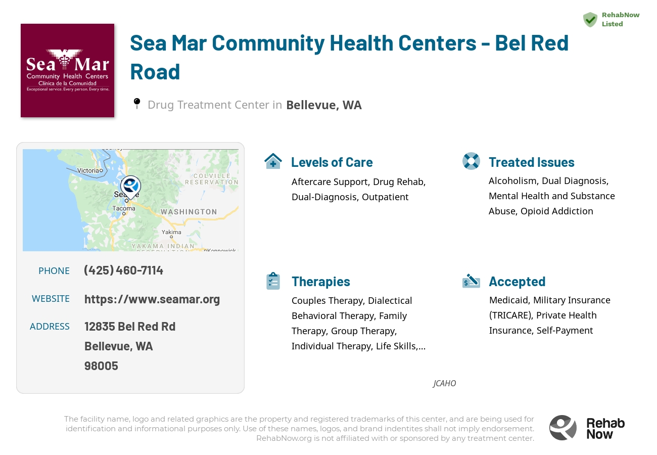 Helpful reference information for Sea Mar Community Health Centers - Bel Red Road, a drug treatment center in Washington located at: 12835 Bel Red Rd, Bellevue, WA 98005, including phone numbers, official website, and more. Listed briefly is an overview of Levels of Care, Therapies Offered, Issues Treated, and accepted forms of Payment Methods.