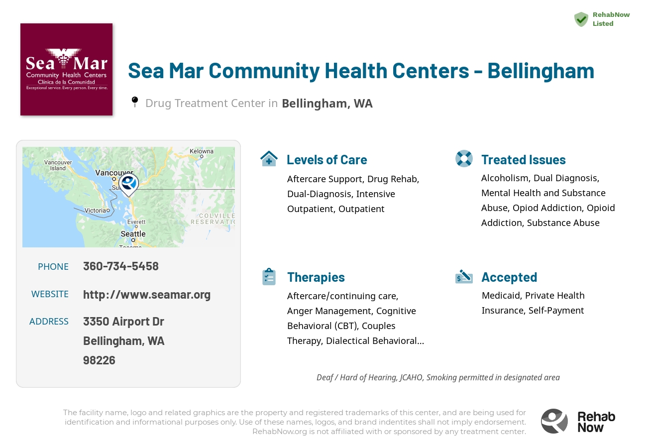 Helpful reference information for Sea Mar Community Health Centers - Bellingham, a drug treatment center in Washington located at: 3350 Airport Dr, Bellingham, WA 98226, including phone numbers, official website, and more. Listed briefly is an overview of Levels of Care, Therapies Offered, Issues Treated, and accepted forms of Payment Methods.