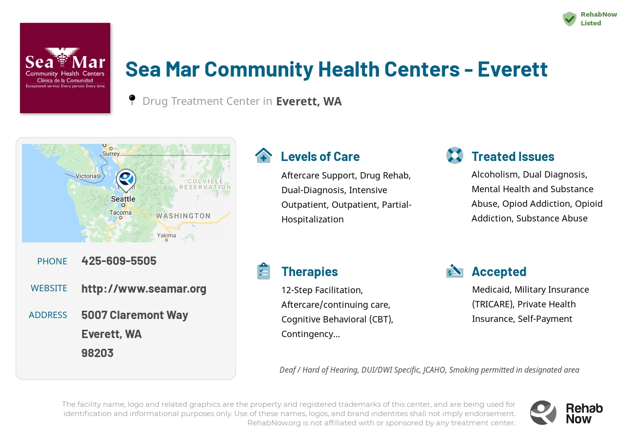 Helpful reference information for Sea Mar Community Health Centers - Everett, a drug treatment center in Washington located at: 5007 Claremont Way, Everett, WA 98203, including phone numbers, official website, and more. Listed briefly is an overview of Levels of Care, Therapies Offered, Issues Treated, and accepted forms of Payment Methods.