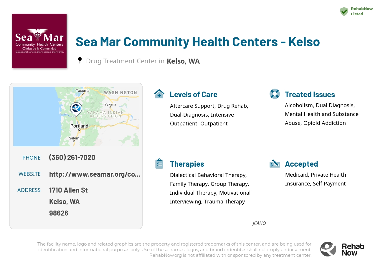 Helpful reference information for Sea Mar Community Health Centers - Kelso, a drug treatment center in Washington located at: 1710 Allen St, Kelso, WA 98626, including phone numbers, official website, and more. Listed briefly is an overview of Levels of Care, Therapies Offered, Issues Treated, and accepted forms of Payment Methods.