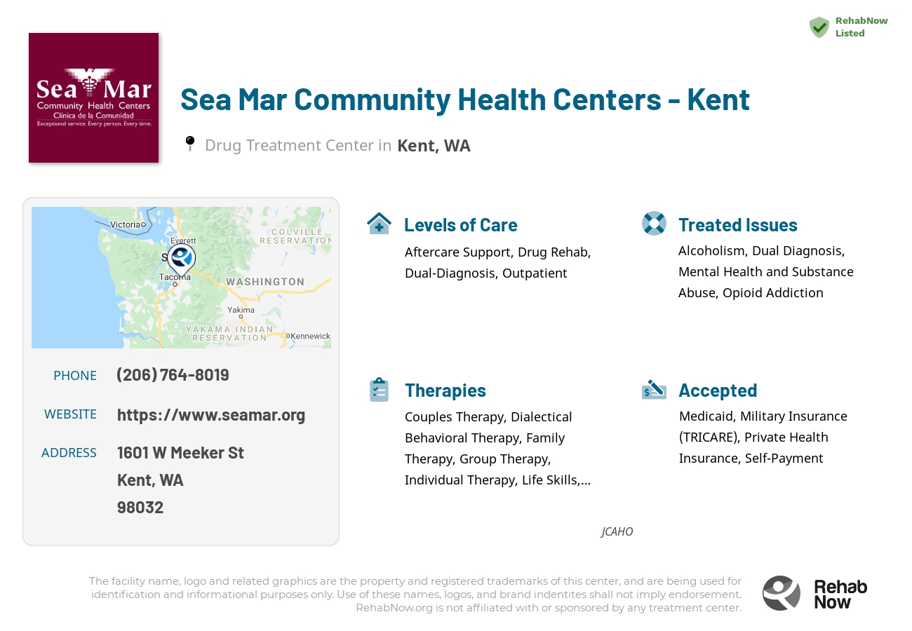 Helpful reference information for Sea Mar Community Health Centers - Kent, a drug treatment center in Washington located at: 1601 W Meeker St, Kent, WA 98032, including phone numbers, official website, and more. Listed briefly is an overview of Levels of Care, Therapies Offered, Issues Treated, and accepted forms of Payment Methods.
