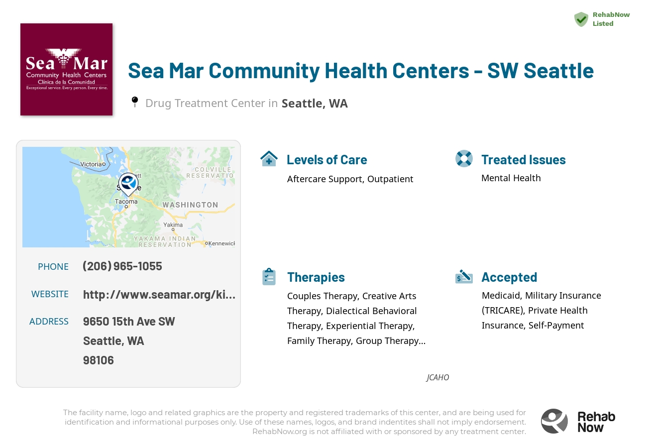 Helpful reference information for Sea Mar Community Health Centers - SW Seattle, a drug treatment center in Washington located at: 9650 15th Ave SW, Seattle, WA 98106, including phone numbers, official website, and more. Listed briefly is an overview of Levels of Care, Therapies Offered, Issues Treated, and accepted forms of Payment Methods.