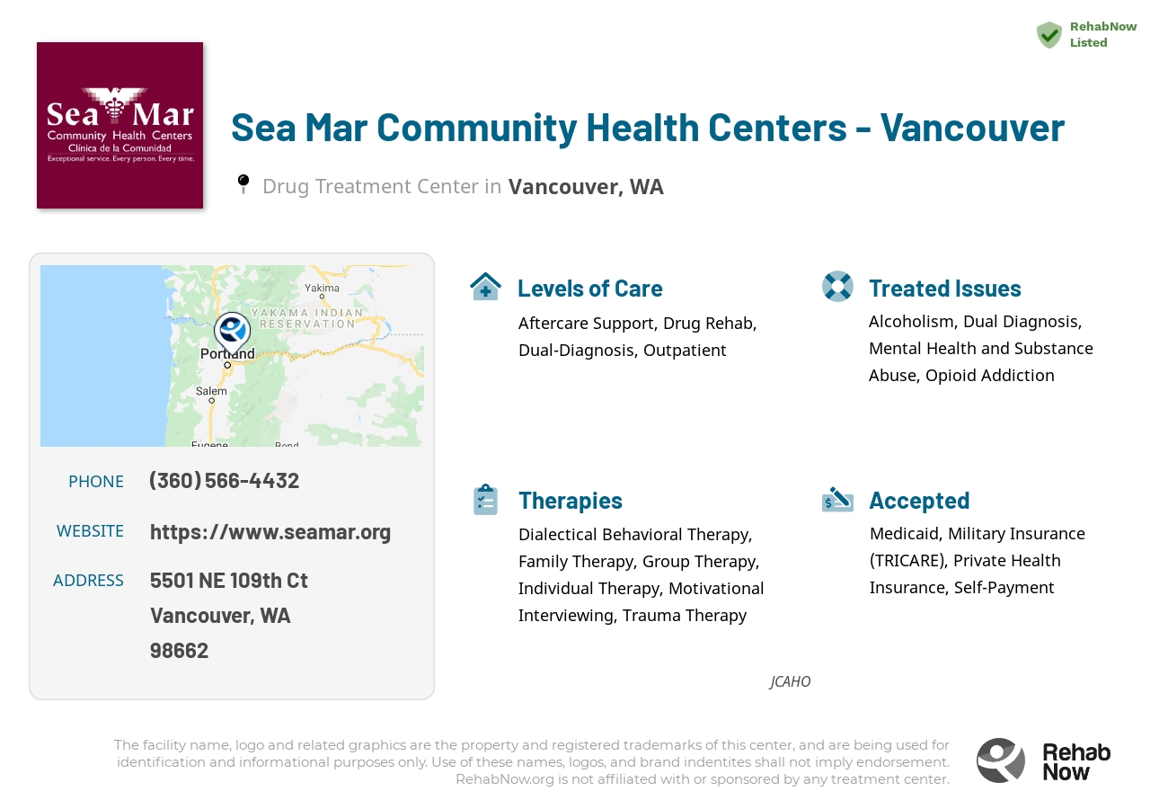 Helpful reference information for Sea Mar Community Health Centers - Vancouver, a drug treatment center in Washington located at: 5501 NE 109th Ct, Vancouver, WA 98662, including phone numbers, official website, and more. Listed briefly is an overview of Levels of Care, Therapies Offered, Issues Treated, and accepted forms of Payment Methods.