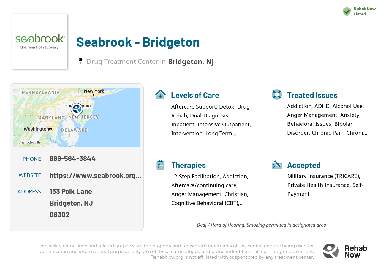 Helpful reference information for Seabrook - Bridgeton, a drug treatment center in New Jersey located at: 133 Polk Lane, Bridgeton, NJ 08302, including phone numbers, official website, and more. Listed briefly is an overview of Levels of Care, Therapies Offered, Issues Treated, and accepted forms of Payment Methods.