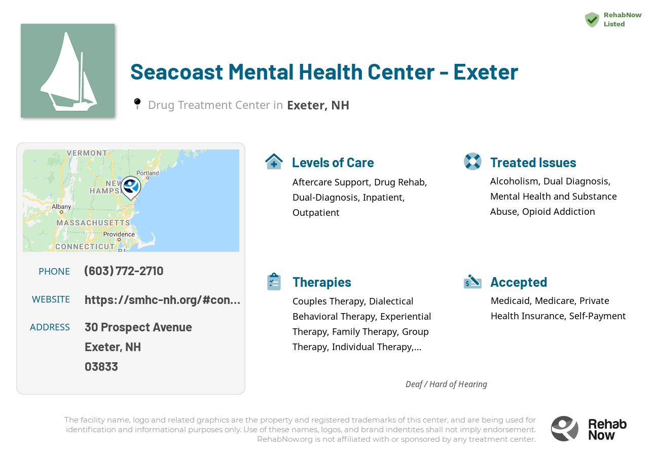 Helpful reference information for Seacoast Mental Health Center - Exeter, a drug treatment center in New Hampshire located at: 30 30 Prospect Avenue, Exeter, NH 3833, including phone numbers, official website, and more. Listed briefly is an overview of Levels of Care, Therapies Offered, Issues Treated, and accepted forms of Payment Methods.