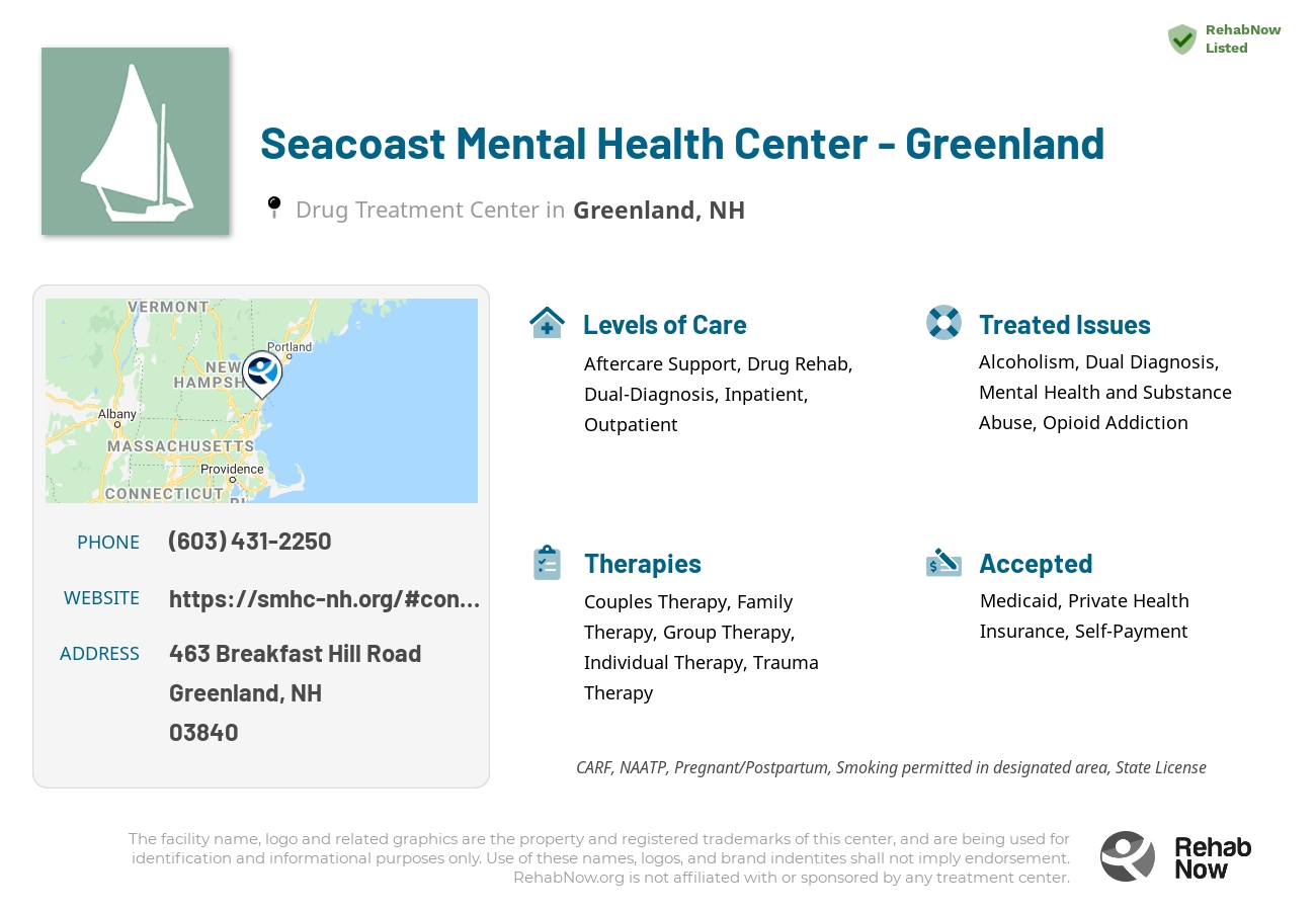 Helpful reference information for Seacoast Mental Health Center - Greenland, a drug treatment center in New Hampshire located at: 463 463 Breakfast Hill Road, Greenland, NH 03840, including phone numbers, official website, and more. Listed briefly is an overview of Levels of Care, Therapies Offered, Issues Treated, and accepted forms of Payment Methods.