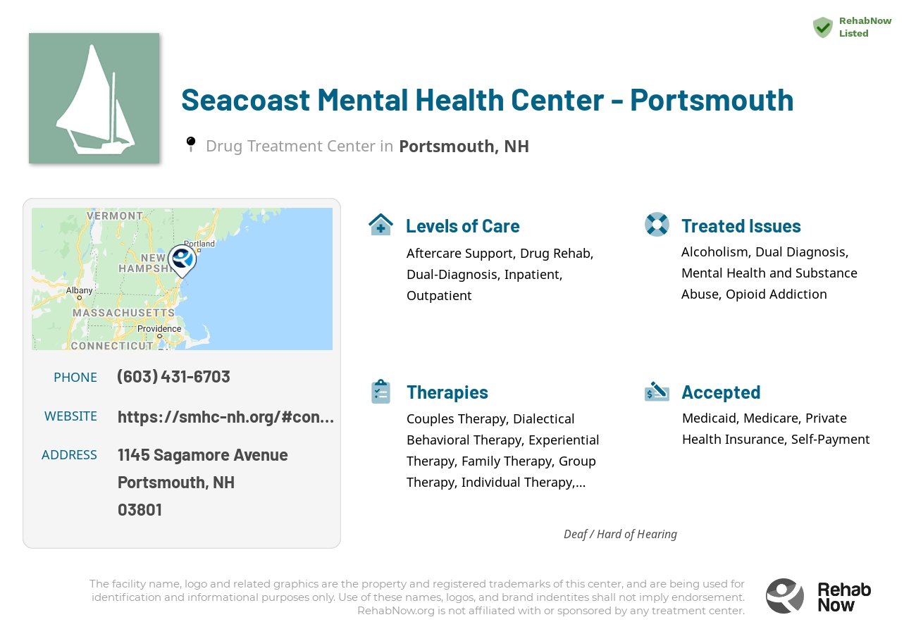 Helpful reference information for Seacoast Mental Health Center - Portsmouth, a drug treatment center in New Hampshire located at: 1145 1145 Sagamore Avenue, Portsmouth, NH 03801, including phone numbers, official website, and more. Listed briefly is an overview of Levels of Care, Therapies Offered, Issues Treated, and accepted forms of Payment Methods.
