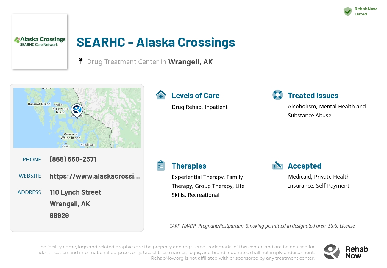 Helpful reference information for SEARHC - Alaska Crossings, a drug treatment center in Alaska located at: 110 Lynch Street, Wrangell, AK, 99929, including phone numbers, official website, and more. Listed briefly is an overview of Levels of Care, Therapies Offered, Issues Treated, and accepted forms of Payment Methods.