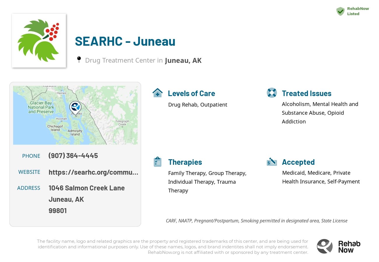 Helpful reference information for SEARHC - Juneau, a drug treatment center in Alaska located at: 1046 Salmon Creek Lane, Juneau, AK, 99801, including phone numbers, official website, and more. Listed briefly is an overview of Levels of Care, Therapies Offered, Issues Treated, and accepted forms of Payment Methods.