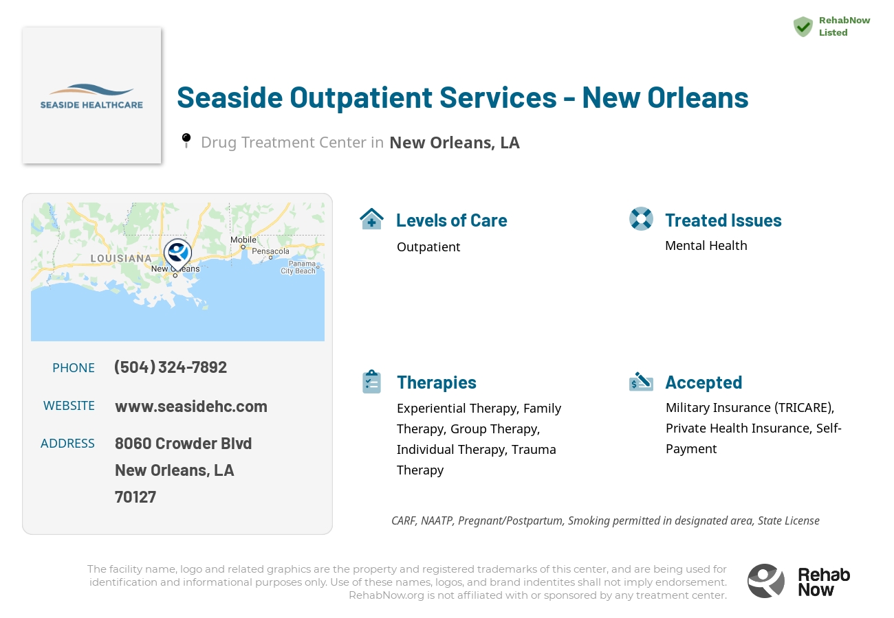 Helpful reference information for Seaside Outpatient Services - New Orleans, a drug treatment center in Louisiana located at: 8060 Crowder Blvd, New Orleans, LA 70127, including phone numbers, official website, and more. Listed briefly is an overview of Levels of Care, Therapies Offered, Issues Treated, and accepted forms of Payment Methods.