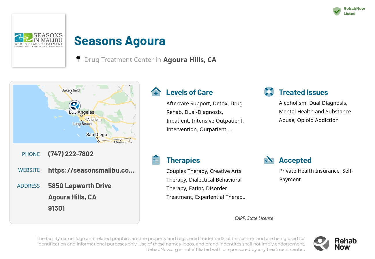Helpful reference information for Seasons Agoura, a drug treatment center in California located at: 5850 Lapworth Drive, Agoura Hills, CA, 91301, including phone numbers, official website, and more. Listed briefly is an overview of Levels of Care, Therapies Offered, Issues Treated, and accepted forms of Payment Methods.