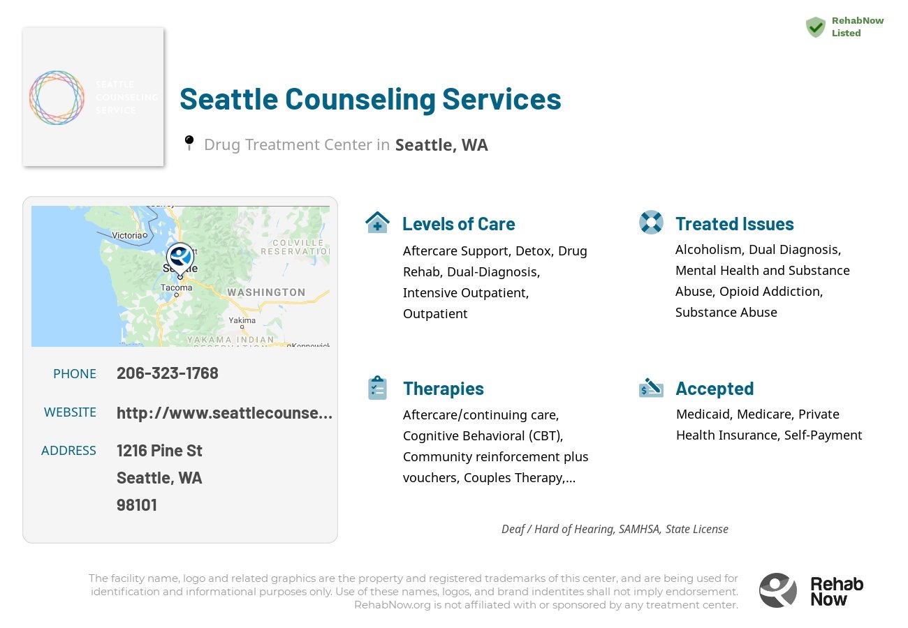 Helpful reference information for Seattle Counseling Services, a drug treatment center in Washington located at: 1216 Pine St, Seattle, WA 98101, including phone numbers, official website, and more. Listed briefly is an overview of Levels of Care, Therapies Offered, Issues Treated, and accepted forms of Payment Methods.