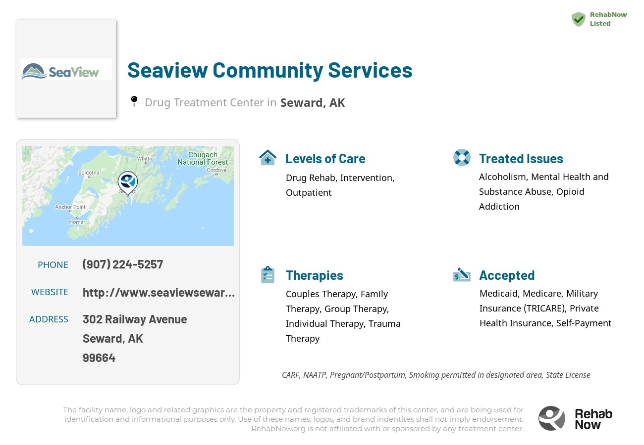 Helpful reference information for Seaview Community Services, a drug treatment center in Alaska located at: 302 Railway Avenue, Seward, AK, 99664, including phone numbers, official website, and more. Listed briefly is an overview of Levels of Care, Therapies Offered, Issues Treated, and accepted forms of Payment Methods.