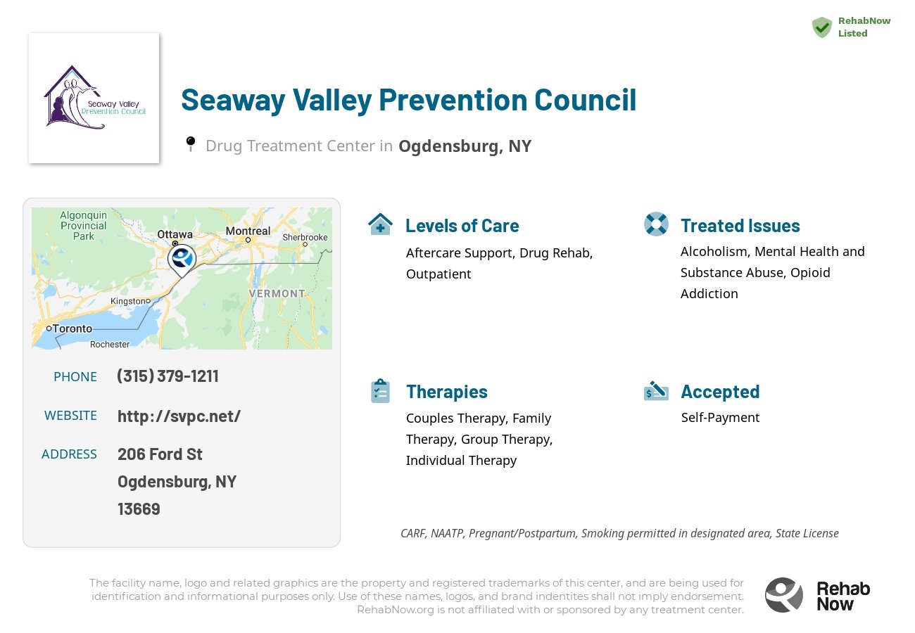 Helpful reference information for Seaway Valley Prevention Council, a drug treatment center in New York located at: 206 Ford St, Ogdensburg, NY 13669, including phone numbers, official website, and more. Listed briefly is an overview of Levels of Care, Therapies Offered, Issues Treated, and accepted forms of Payment Methods.