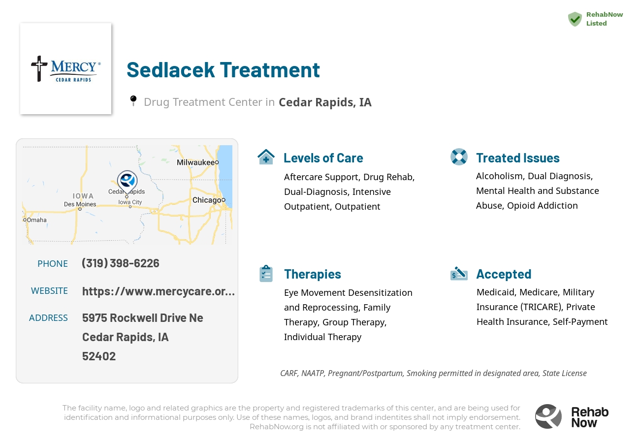 Helpful reference information for Sedlacek Treatment, a drug treatment center in Iowa located at: 5975 Rockwell Drive Ne, Cedar Rapids, IA, 52402, including phone numbers, official website, and more. Listed briefly is an overview of Levels of Care, Therapies Offered, Issues Treated, and accepted forms of Payment Methods.