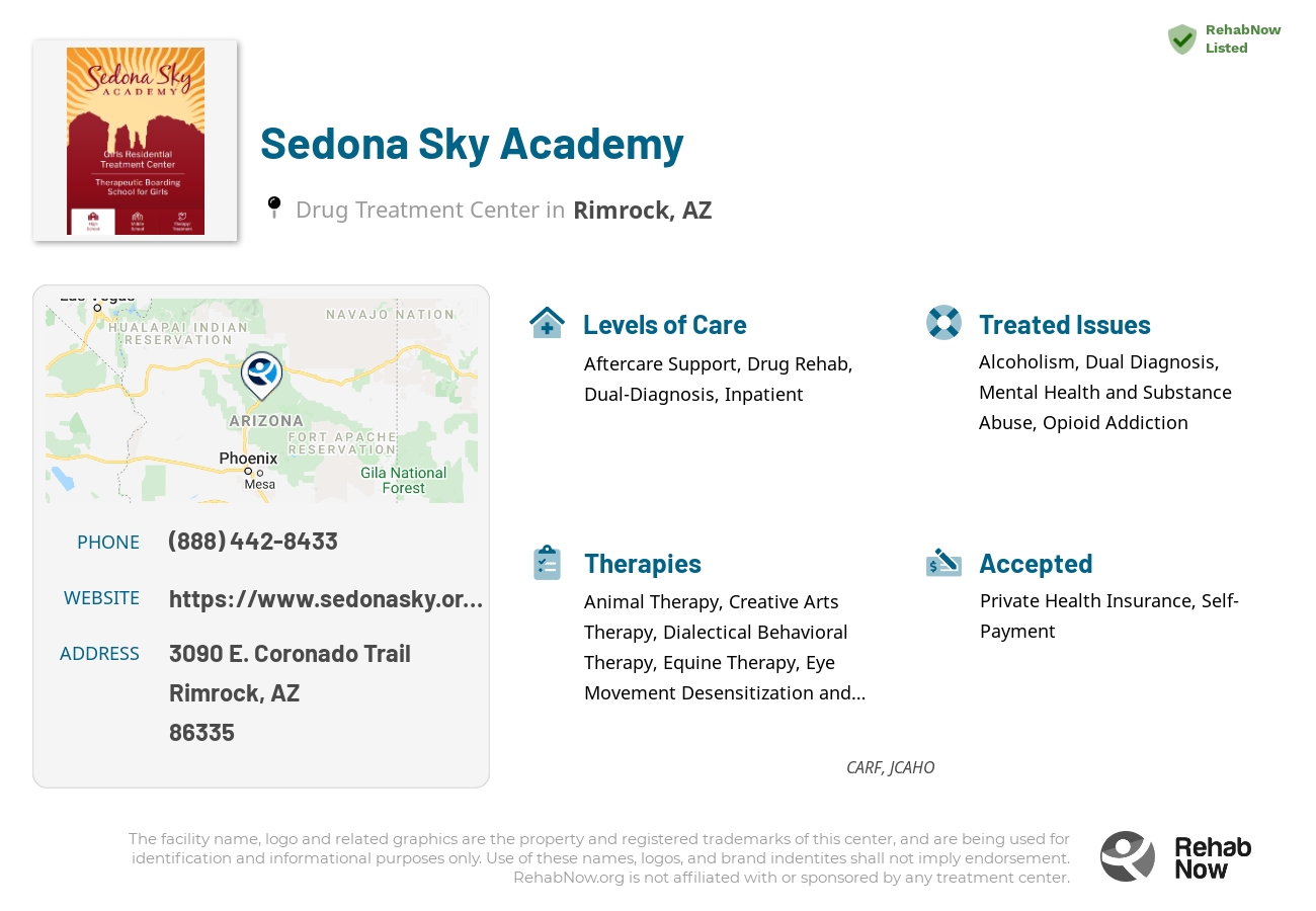 Helpful reference information for Sedona Sky Academy, a drug treatment center in Arizona located at: 3090 E. Coronado Trail, Rimrock, AZ, 86335, including phone numbers, official website, and more. Listed briefly is an overview of Levels of Care, Therapies Offered, Issues Treated, and accepted forms of Payment Methods.