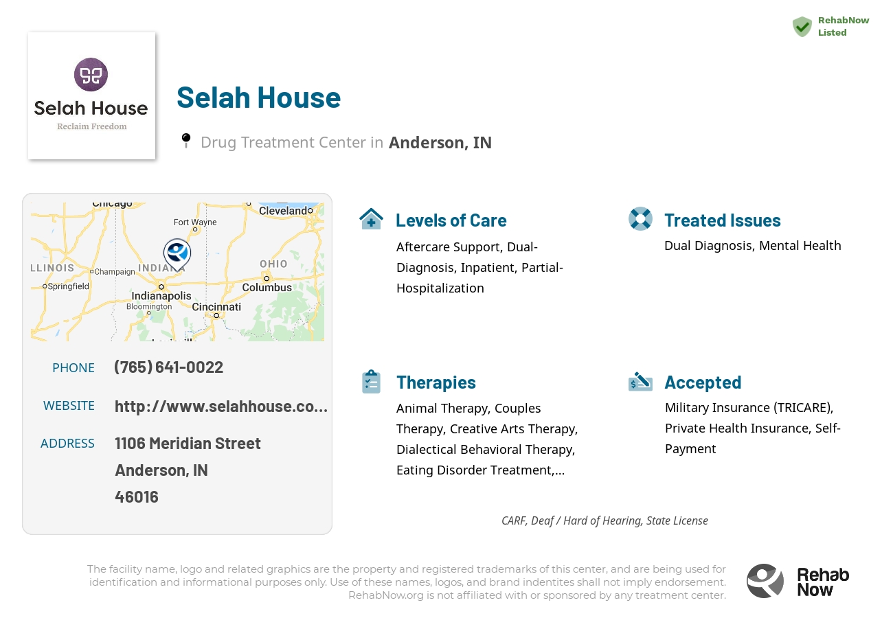 Helpful reference information for Selah House, a drug treatment center in Indiana located at: 1106 Meridian Street, Anderson, IN, 46016, including phone numbers, official website, and more. Listed briefly is an overview of Levels of Care, Therapies Offered, Issues Treated, and accepted forms of Payment Methods.