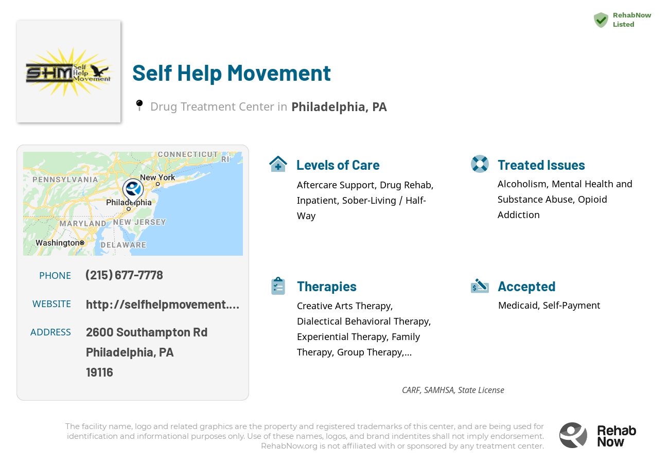 Helpful reference information for Self Help Movement, a drug treatment center in Pennsylvania located at: 2600 Southampton Rd, Philadelphia, PA 19116, including phone numbers, official website, and more. Listed briefly is an overview of Levels of Care, Therapies Offered, Issues Treated, and accepted forms of Payment Methods.