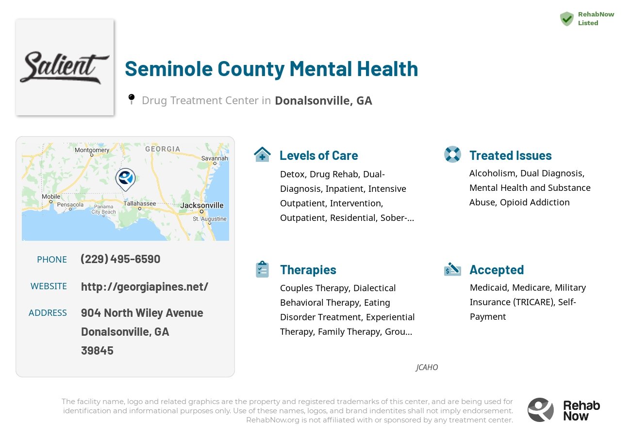 Helpful reference information for Seminole County Mental Health, a drug treatment center in Georgia located at: 904 904 North Wiley Avenue, Donalsonville, GA 39845, including phone numbers, official website, and more. Listed briefly is an overview of Levels of Care, Therapies Offered, Issues Treated, and accepted forms of Payment Methods.