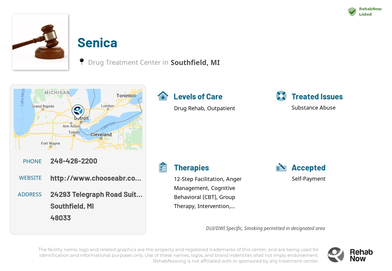 Helpful reference information for Senica, a drug treatment center in Michigan located at: 24293 Telegraph Road Suite 218, Southfield, MI 48033, including phone numbers, official website, and more. Listed briefly is an overview of Levels of Care, Therapies Offered, Issues Treated, and accepted forms of Payment Methods.