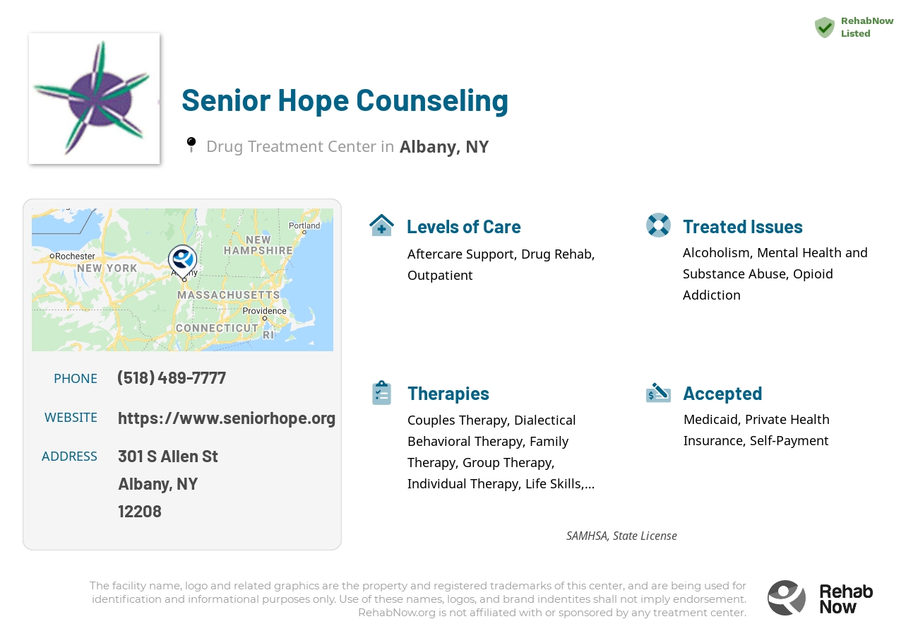 Helpful reference information for Senior Hope Counseling, a drug treatment center in New York located at: 301 S Allen St, Albany, NY 12208, including phone numbers, official website, and more. Listed briefly is an overview of Levels of Care, Therapies Offered, Issues Treated, and accepted forms of Payment Methods.