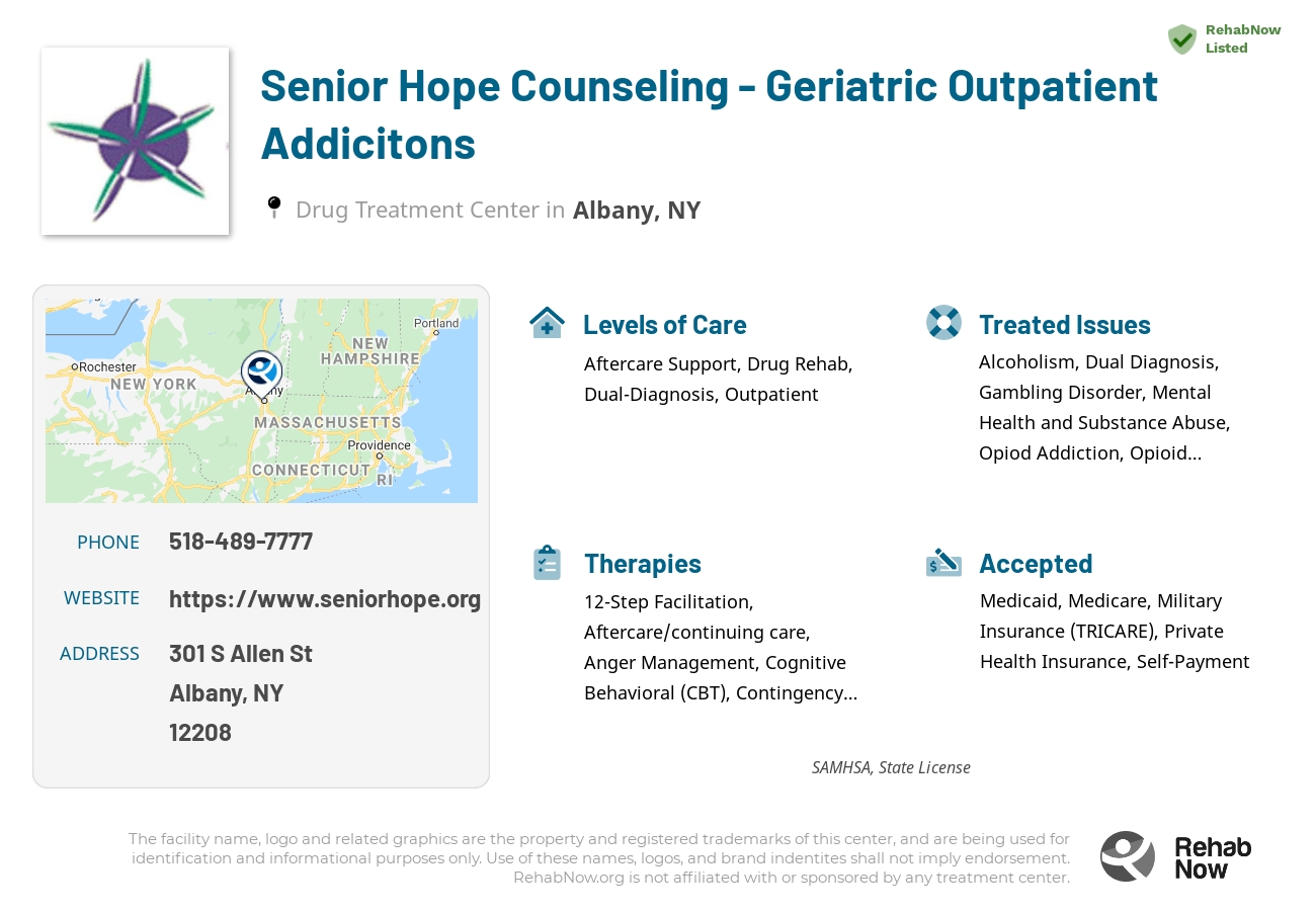 Helpful reference information for Senior Hope Counseling - Geriatric Outpatient Addicitons, a drug treatment center in New York located at: 301 S Allen St, Albany, NY 12208, including phone numbers, official website, and more. Listed briefly is an overview of Levels of Care, Therapies Offered, Issues Treated, and accepted forms of Payment Methods.