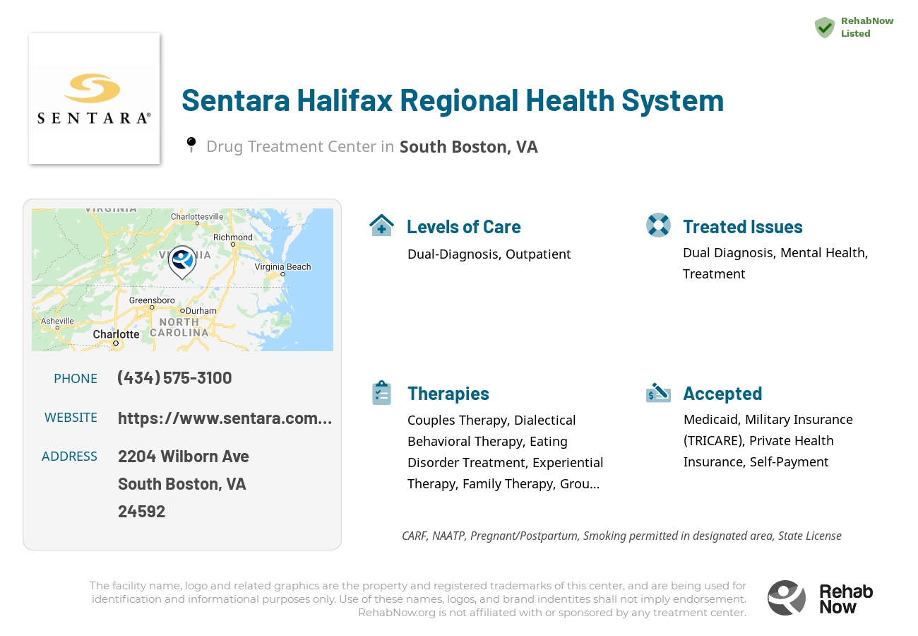 Helpful reference information for Sentara Halifax Regional Health System, a drug treatment center in Virginia located at: 2204 Wilborn Ave, South Boston, VA 24592, including phone numbers, official website, and more. Listed briefly is an overview of Levels of Care, Therapies Offered, Issues Treated, and accepted forms of Payment Methods.