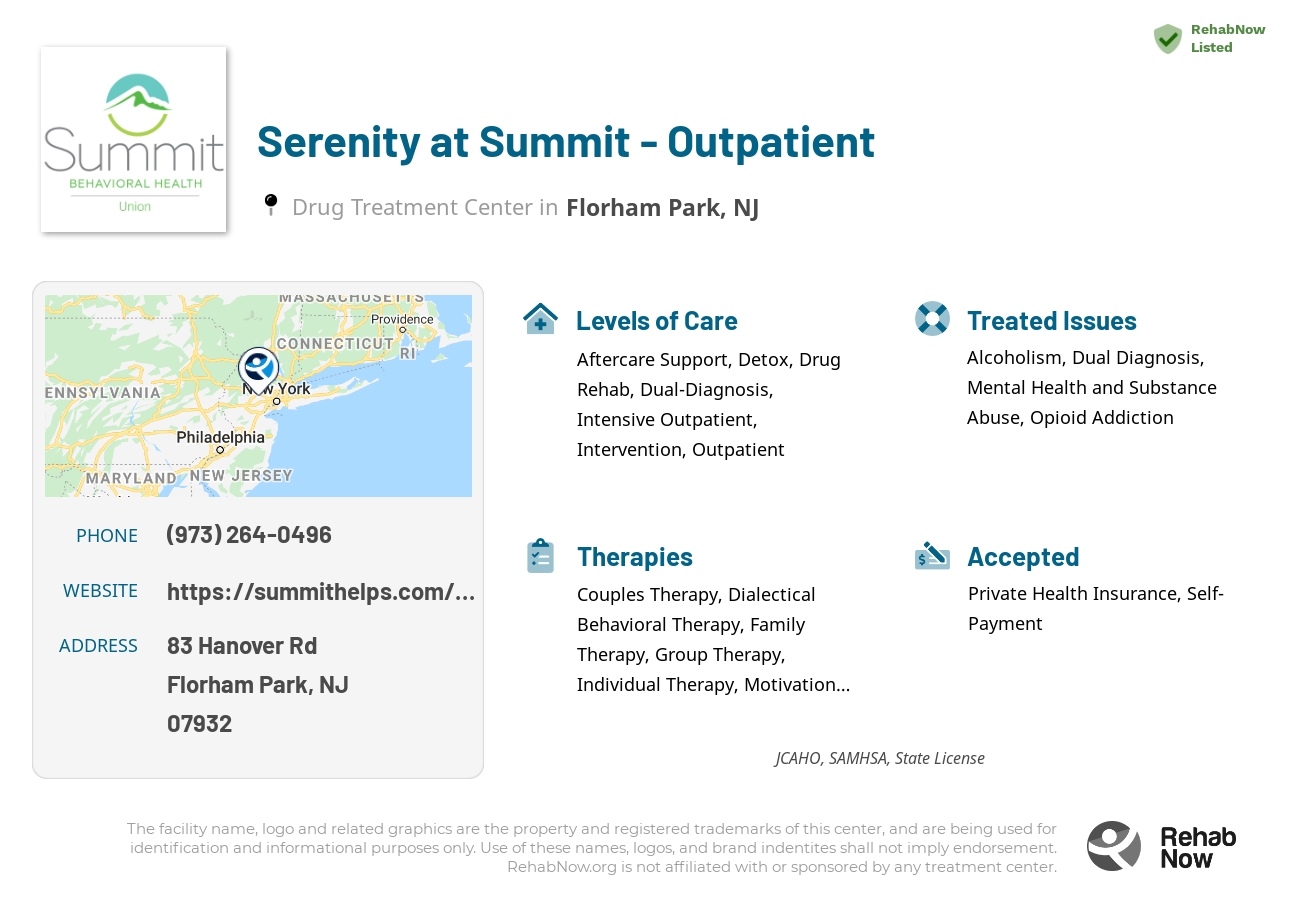 Helpful reference information for Serenity at Summit - Outpatient, a drug treatment center in New Jersey located at: 83 Hanover Rd, Florham Park, NJ 07932, including phone numbers, official website, and more. Listed briefly is an overview of Levels of Care, Therapies Offered, Issues Treated, and accepted forms of Payment Methods.