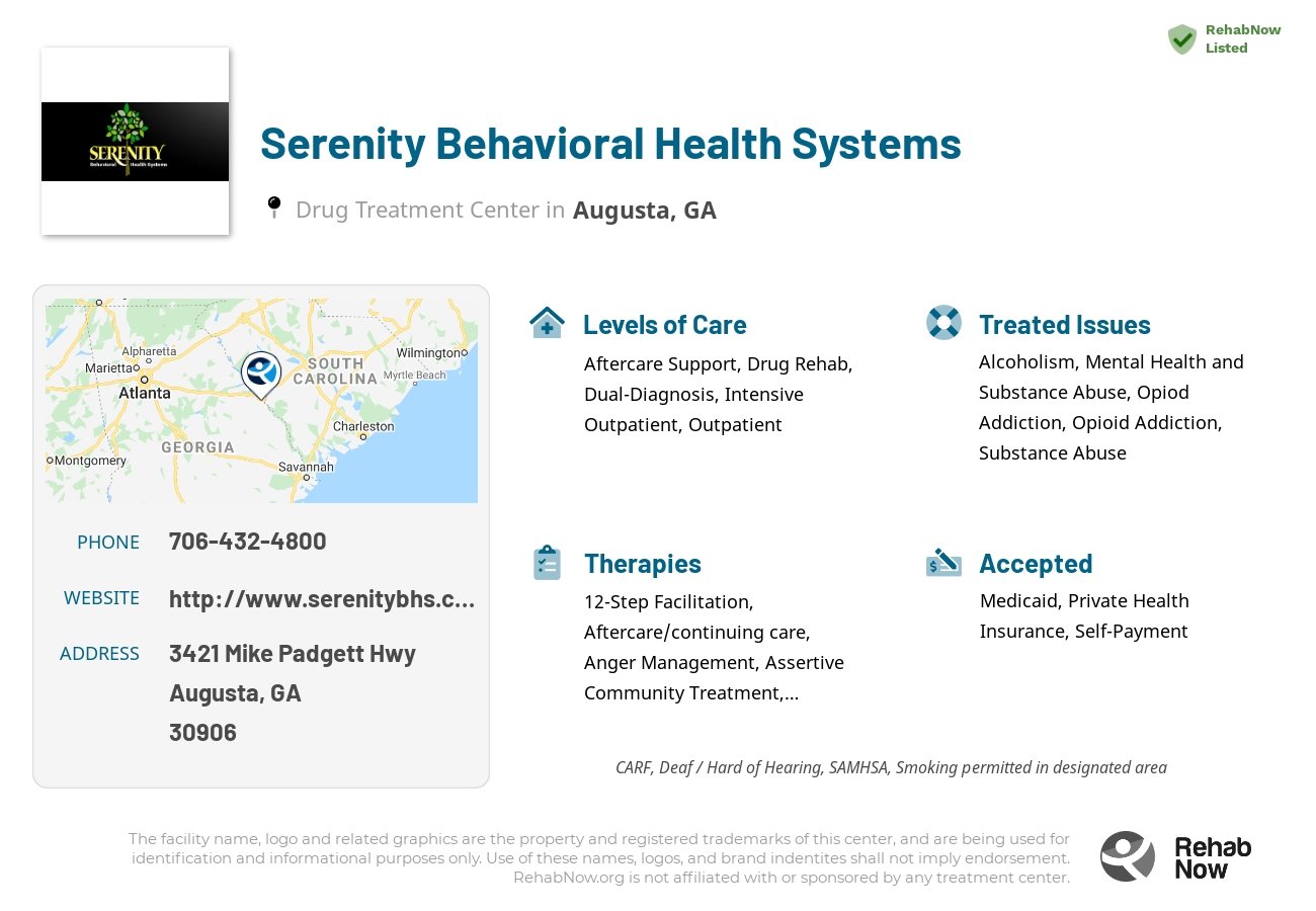 Helpful reference information for Serenity Behavioral Health Systems, a drug treatment center in Georgia located at: 3421 Mike Padgett Hwy, Augusta, GA 30906, including phone numbers, official website, and more. Listed briefly is an overview of Levels of Care, Therapies Offered, Issues Treated, and accepted forms of Payment Methods.