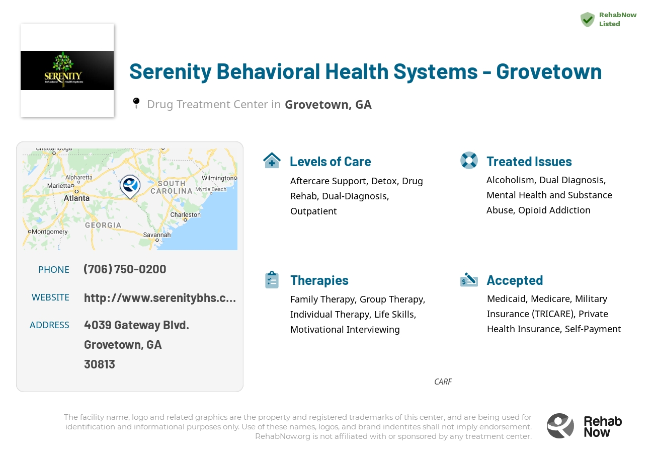 Helpful reference information for Serenity Behavioral Health Systems - Grovetown, a drug treatment center in Georgia located at: 4039 4039 Gateway Blvd., Grovetown, GA 30813, including phone numbers, official website, and more. Listed briefly is an overview of Levels of Care, Therapies Offered, Issues Treated, and accepted forms of Payment Methods.