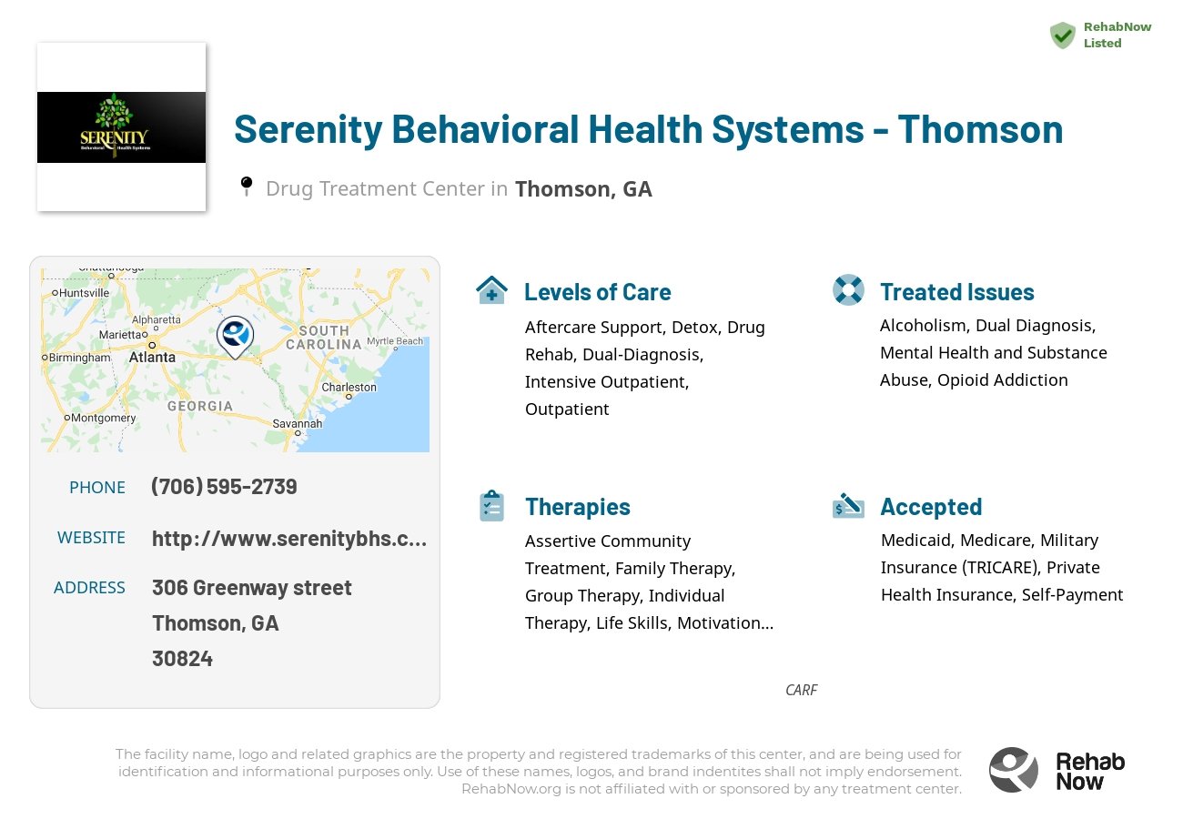 Helpful reference information for Serenity Behavioral Health Systems - Thomson, a drug treatment center in Georgia located at: 306 306 Greenway street, Thomson, GA 30824, including phone numbers, official website, and more. Listed briefly is an overview of Levels of Care, Therapies Offered, Issues Treated, and accepted forms of Payment Methods.