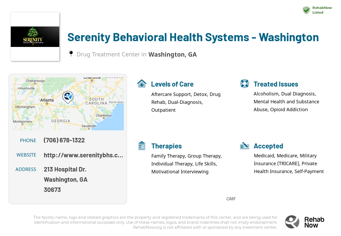 Helpful reference information for Serenity Behavioral Health Systems - Washington, a drug treatment center in Georgia located at: 213 213 Hospital Dr., Washington, GA 30673, including phone numbers, official website, and more. Listed briefly is an overview of Levels of Care, Therapies Offered, Issues Treated, and accepted forms of Payment Methods.