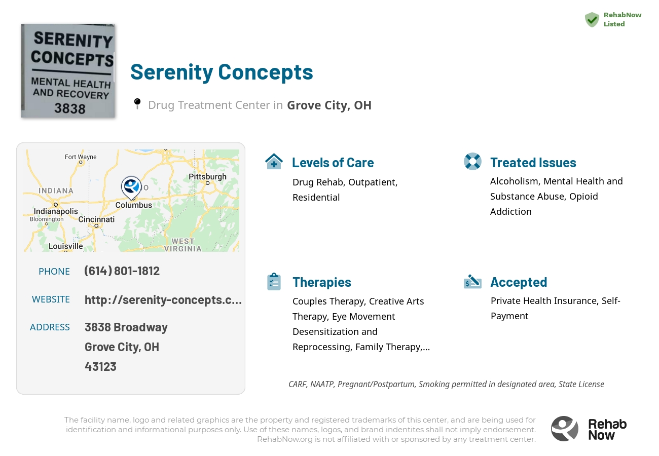 Helpful reference information for Serenity Concepts, a drug treatment center in Ohio located at: 3838 Broadway, Grove City, OH 43123, including phone numbers, official website, and more. Listed briefly is an overview of Levels of Care, Therapies Offered, Issues Treated, and accepted forms of Payment Methods.
