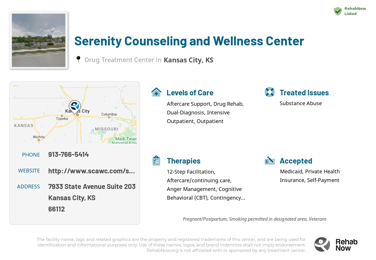 Helpful reference information for Serenity Counseling and Wellness Center, a drug treatment center in Kansas located at: 7933 State Avenue Suite 203, Kansas City, KS 66112, including phone numbers, official website, and more. Listed briefly is an overview of Levels of Care, Therapies Offered, Issues Treated, and accepted forms of Payment Methods.