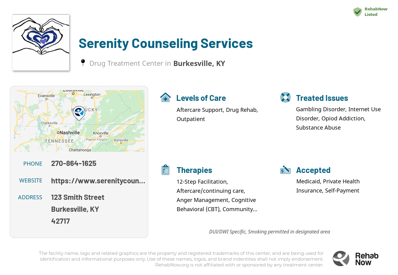 Helpful reference information for Serenity Counseling Services, a drug treatment center in Kentucky located at: 123 Smith Street, Burkesville, KY 42717, including phone numbers, official website, and more. Listed briefly is an overview of Levels of Care, Therapies Offered, Issues Treated, and accepted forms of Payment Methods.