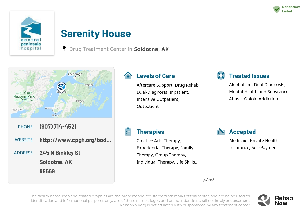 Helpful reference information for Serenity House, a drug treatment center in Alaska located at: 245 North Binkley street Suite 202, Soldotna, AK, 99669, including phone numbers, official website, and more. Listed briefly is an overview of Levels of Care, Therapies Offered, Issues Treated, and accepted forms of Payment Methods.