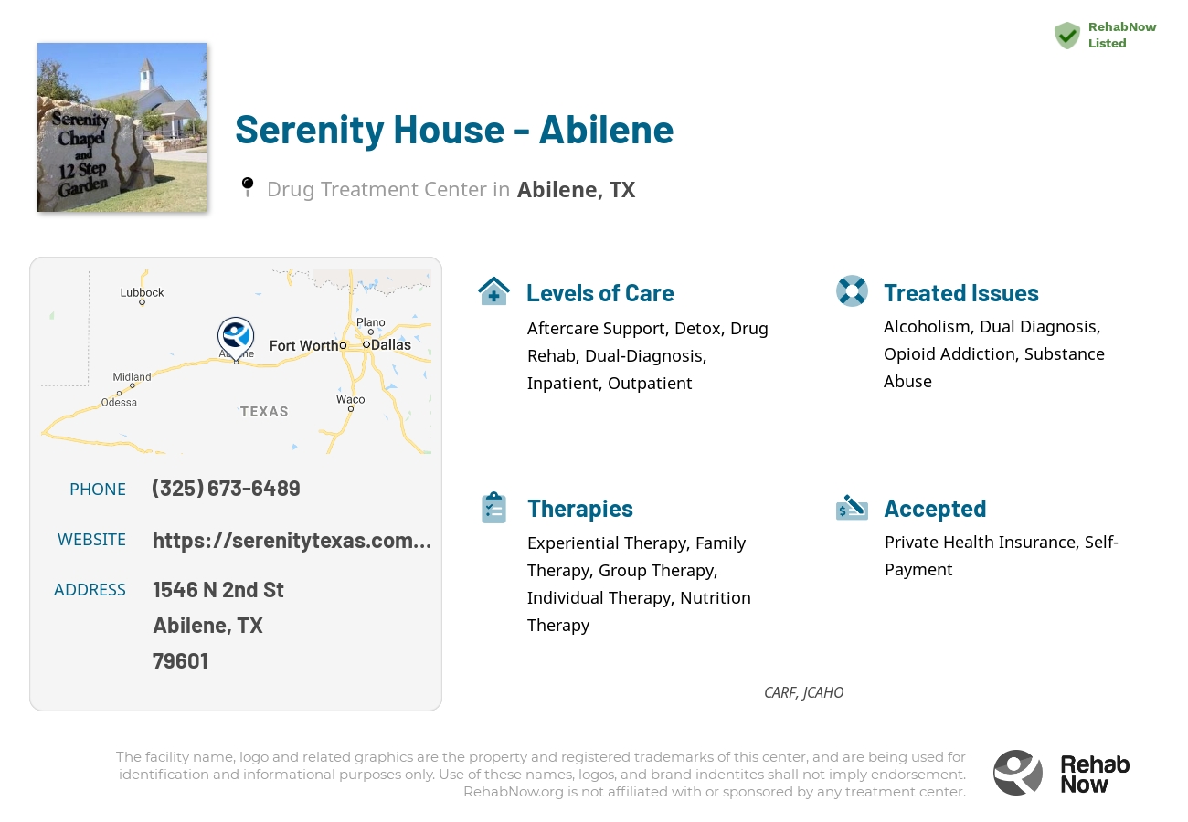 Helpful reference information for Serenity House - Abilene, a drug treatment center in Texas located at: 1546 N 2nd St, Abilene, TX 79601, including phone numbers, official website, and more. Listed briefly is an overview of Levels of Care, Therapies Offered, Issues Treated, and accepted forms of Payment Methods.